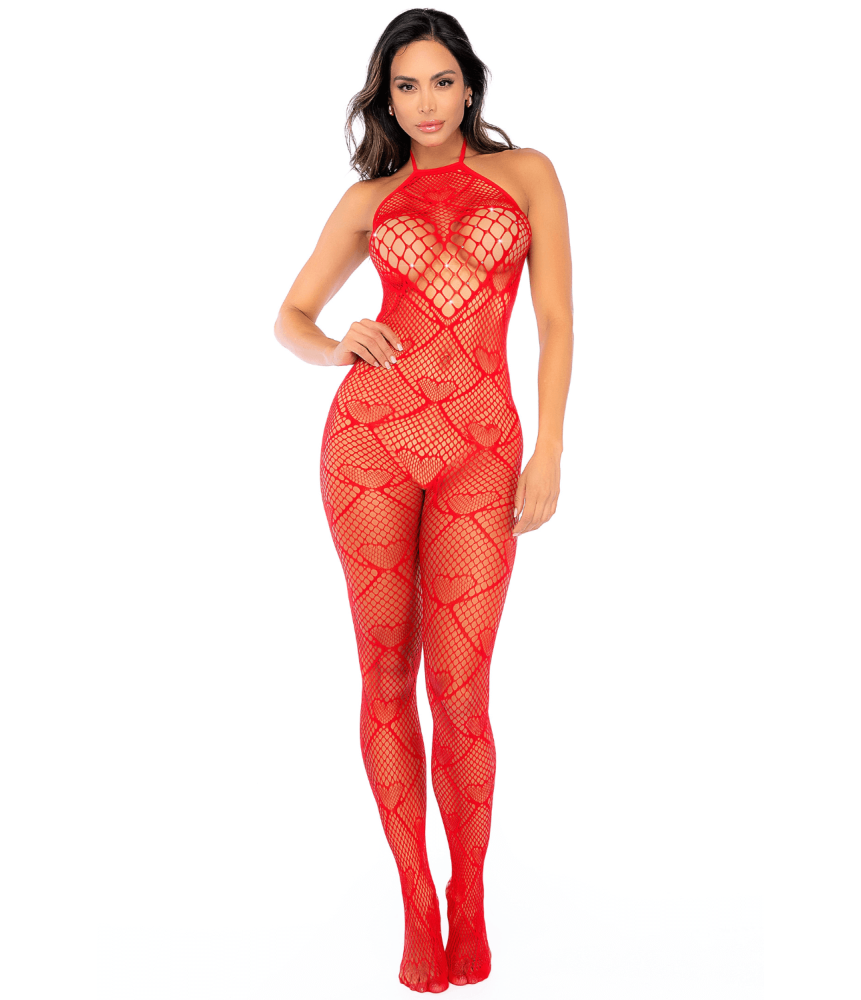 Bodystocking en résille rouge à motif cœur, orné de strass, ouvert à l’entrejambe - Mapalé